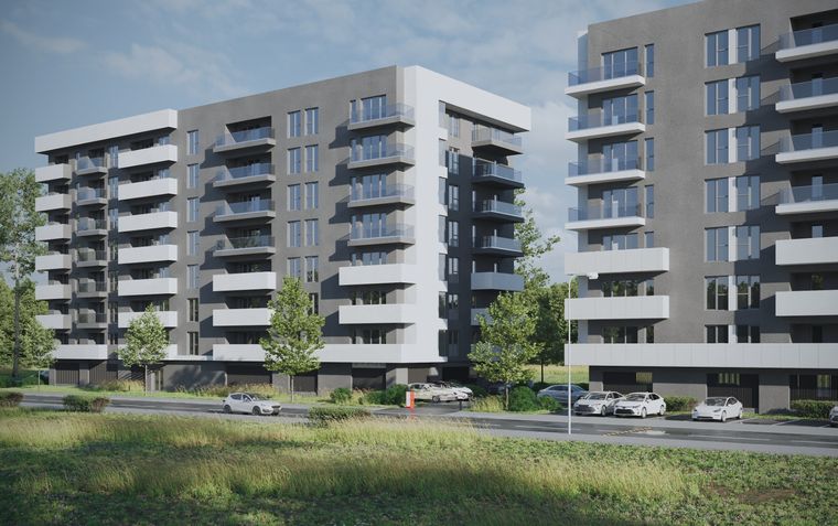 Colț de bloc, cu strada în prim-plan