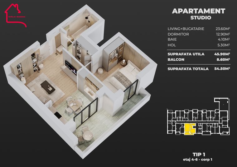 Plan Apartament tip studio, tip 1, bloc 1 — 45,90 mp utili, balcon 8,60 mp