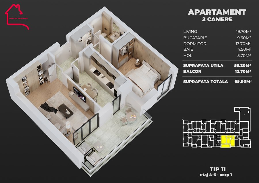 Plan Apartament cu 2 camere, tip 11, bloc 1 — 53,20 mp utili, balcon 12,70 mp