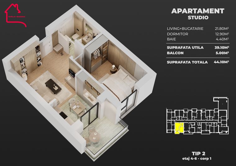 Plan Apartament tip studio, tip 2, bloc 1 — 39,10 mp utili, balcon 5,00 mp