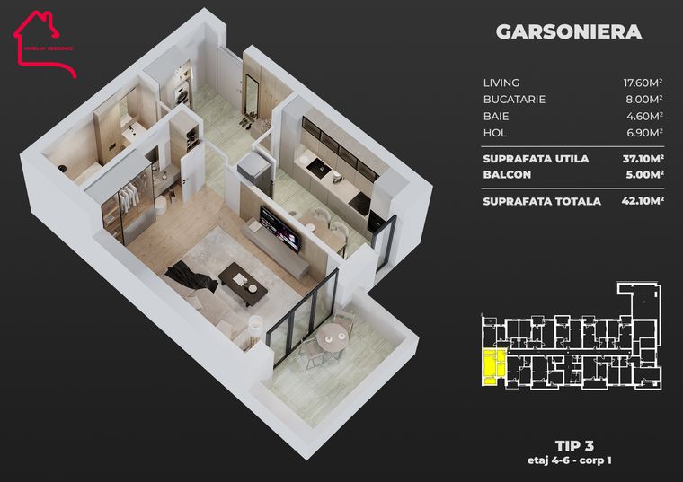 Plan Garsonieră, tip 3, bloc 1 — 37,10 mp utili, balcon 5,00–8,70 mp