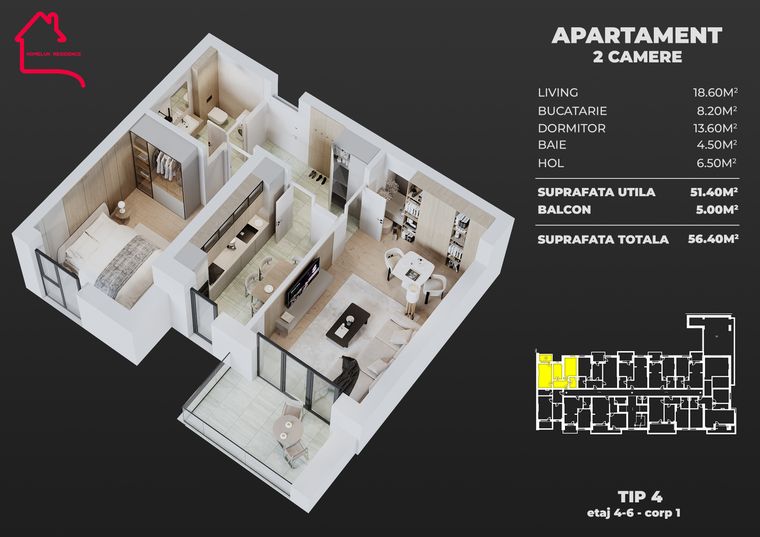 Plan Apartament cu 2 camere, tip 4, bloc 1 — 51,40 mp utili, balcon 5,00–8,70 mp