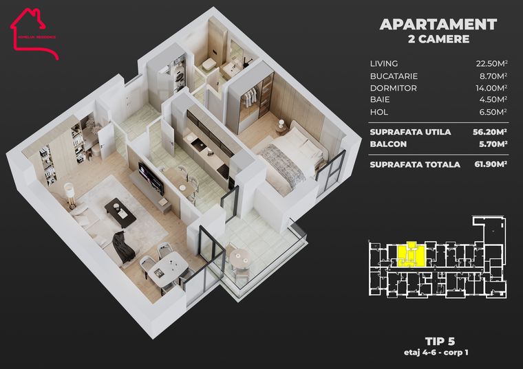 Plan Apartament cu 2 camere, tip 5, bloc 1 — 56,20 mp utili, balcon 5,70–7,90 mp