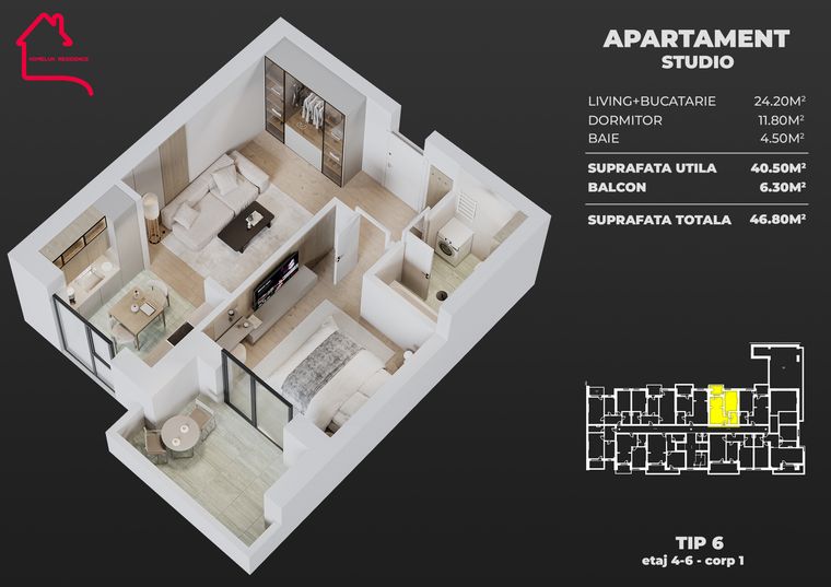 Plan Apartament tip studio, tip 6, bloc 1 — 40,50 mp utili, balcon 6,10–6,30 mp