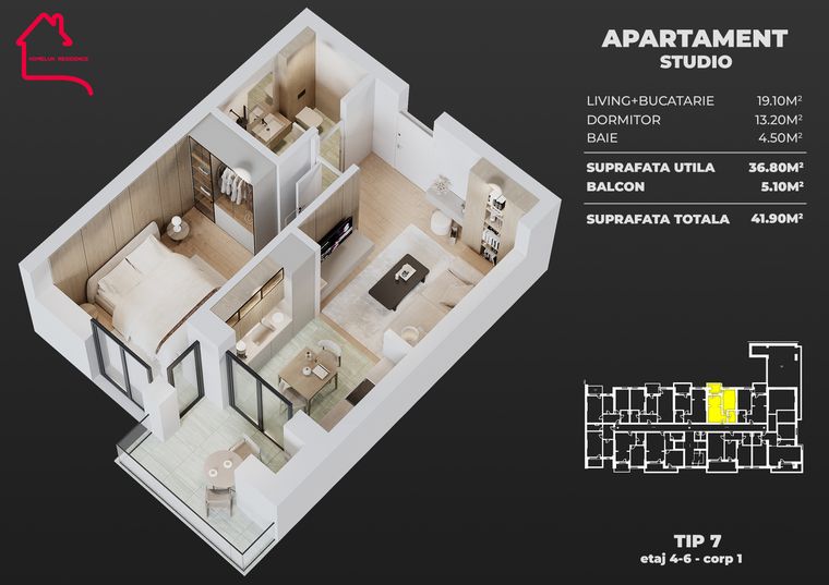 Plan Apartament tip studio, tip 7, bloc 1 — 36,80 mp utili, balcon 5,10–7,40 mp
