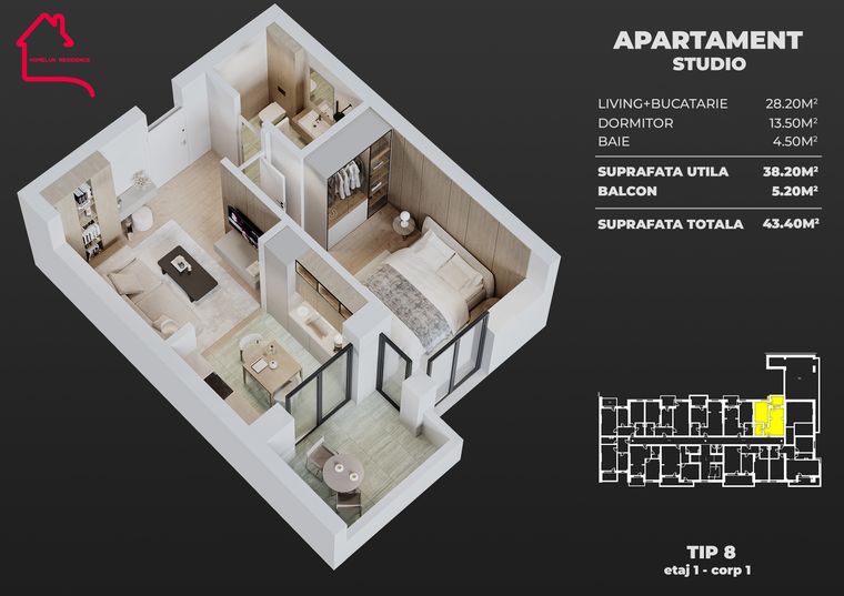 Plan Apartament tip studio, tip 8, bloc 1 — 38,20 mp utili, balcon 5,20–11,20 mp