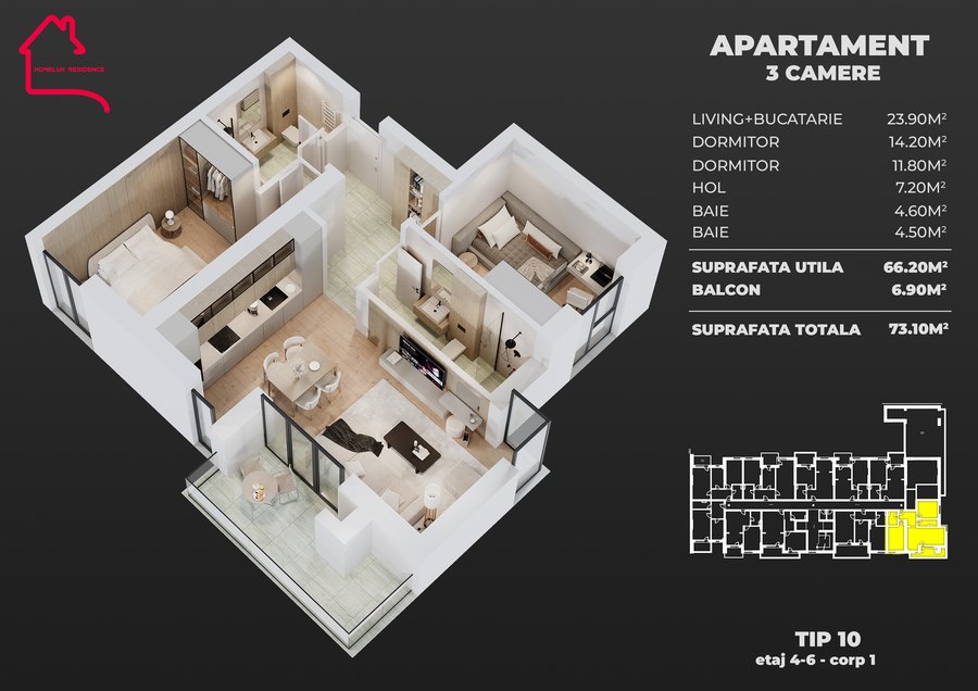 Plan Apartament cu 3 camere, tip 10, bloc 1 — 66,20 mp utili, balcon 6,90 mp