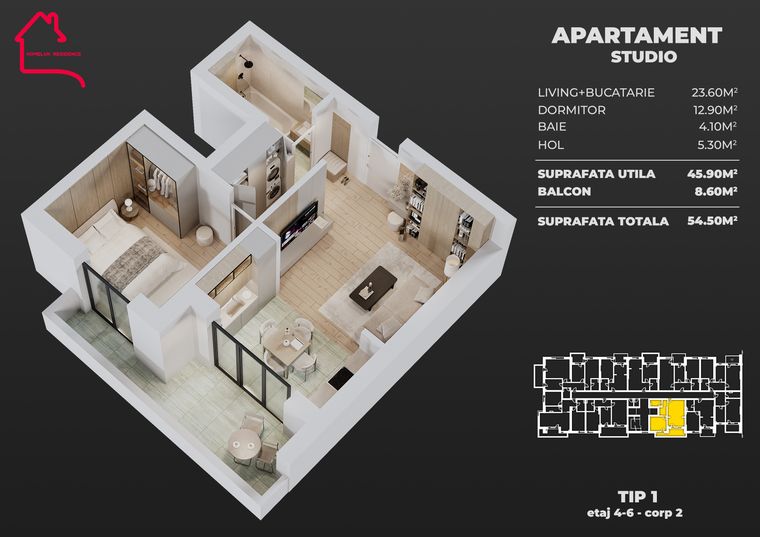 Plan Apartament tip studio, tip 1, bloc 2 — 45,90 mp utili, balcon 8,60 mp