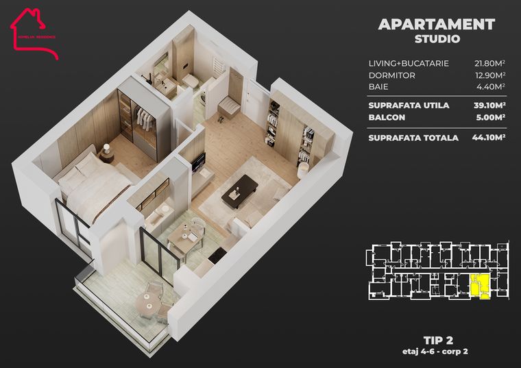 Plan Apartament tip studio, tip 2, bloc 2 — 39,10 mp utili, balcon 4,70–5,00 mp