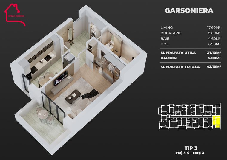 Plan Garsonieră, tip 3, bloc 2 — 37,10 mp utili, balcon 5,00–8,70 mp