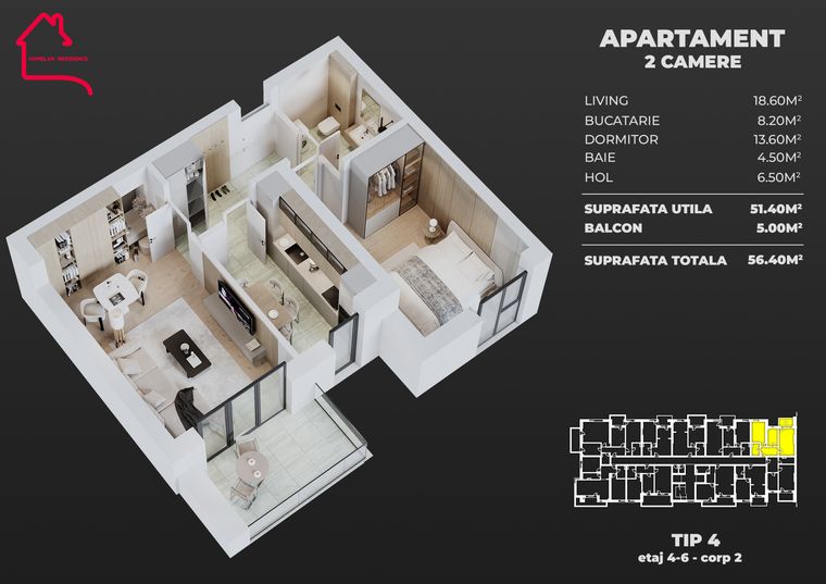 Plan Apartament cu 2 camere, tip 4, bloc 2 — 51,40 mp utili, balcon 5,00–8,70 mp
