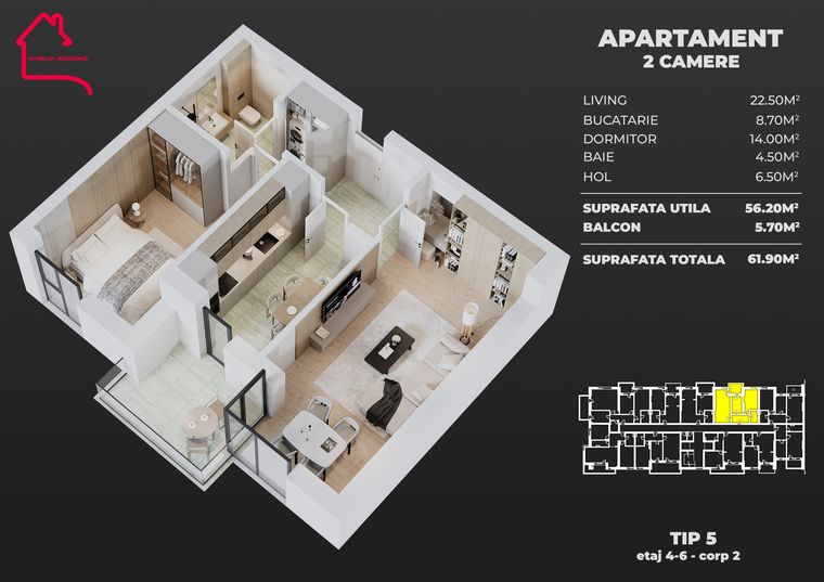 Plan Apartament cu 2 camere, tip 5, bloc 2 — 56,20 mp utili, balcon 5,70–7,90 mp