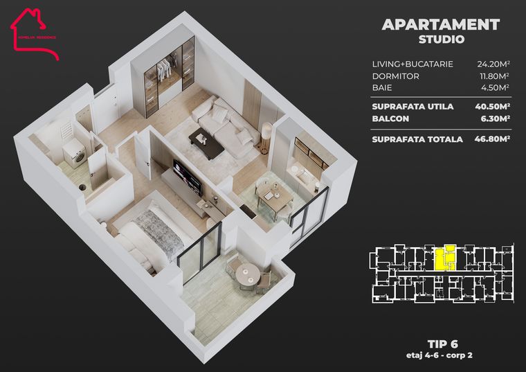 Plan Apartament tip studio, tip 6, bloc 2 — 40,50 mp utili, balcon 6,10–6,30 mp