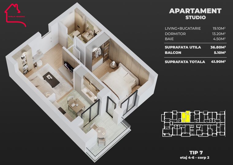 Plan Apartament tip studio, tip 7, bloc 2 — 36,80 mp utili, balcon 5,10–7,40 mp