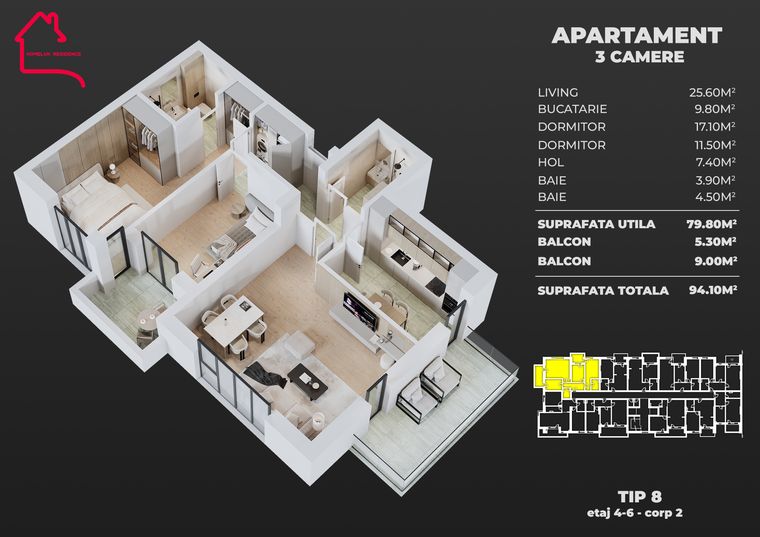 Plan Apartament cu 3 camere, tip 8, bloc 2 — 79,80 mp utili, balcon 5,30–7,80 mp