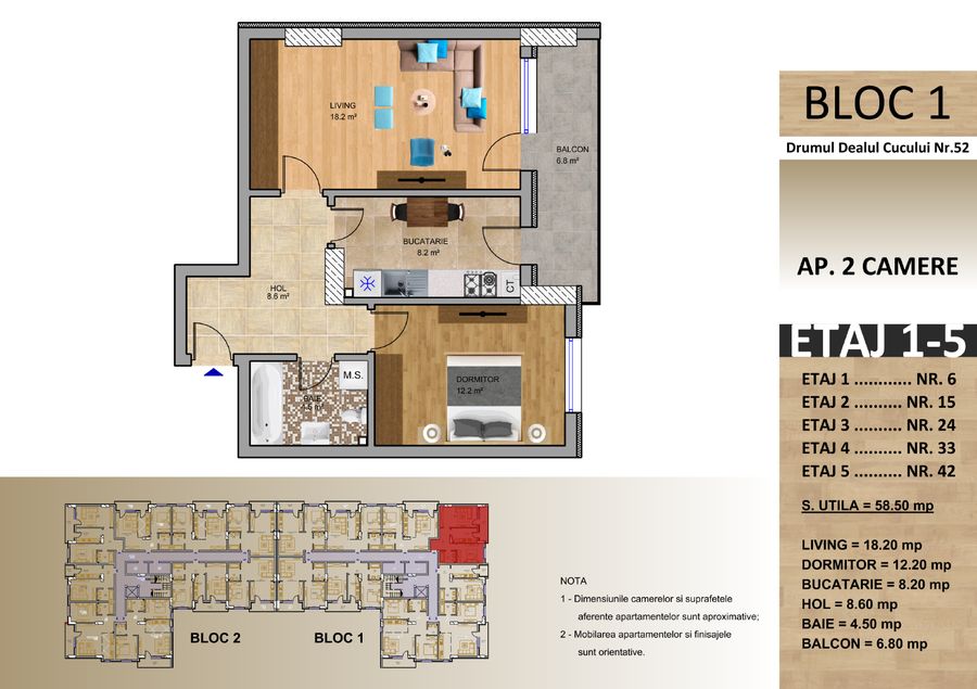 Schița: Apartament cu 2 camere, Bloc 1, 58,50 mp utili, balcon 6,80 mp
