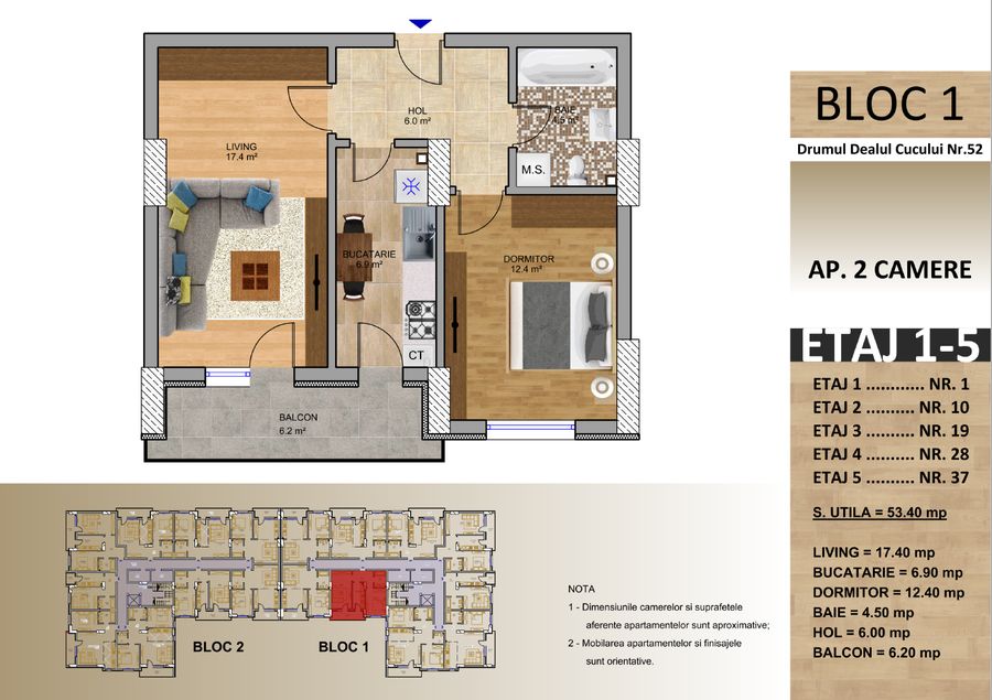 Schița: Apartament cu 2 camere, Bloc 1, 53,40 mp utili, balcon 6,20 mp