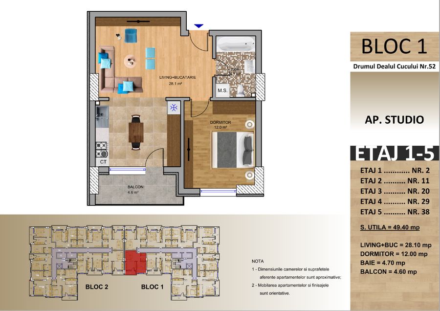 Schița: Apartament tip studio, Bloc 1, 49,40 mp utili, balcon 4,60 mp