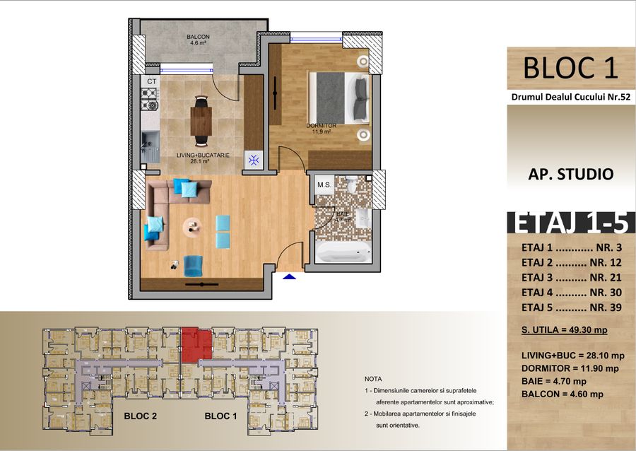 Schița: Apartament tip studio, Bloc 1, 49,30 mp utili, balcon 4,60 mp