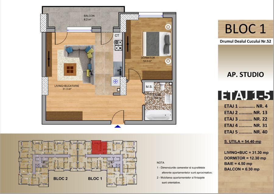 Schița: Apartament tip studio, Bloc 1, 54,40 mp utili, balcon 6,30 mp