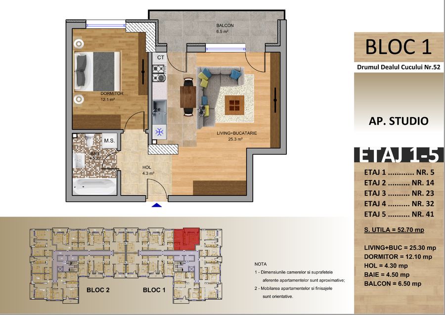 Schița: Apartament tip studio, Bloc 1, 52,70 mp utili, balcon 6,50 mp