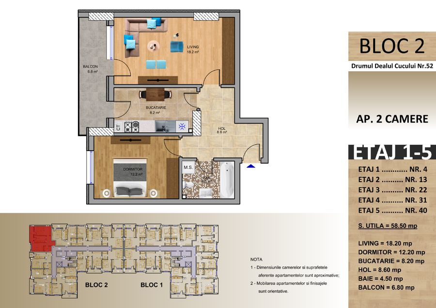 Schița: Apartament cu 2 camere, Bloc 2, 58,50 mp utili, balcon 6,80 mp