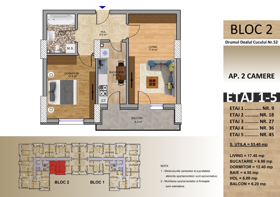 Schița: Apartament cu 2 camere, Bloc 2, 53,40 mp utili, balcon 6,20 mp