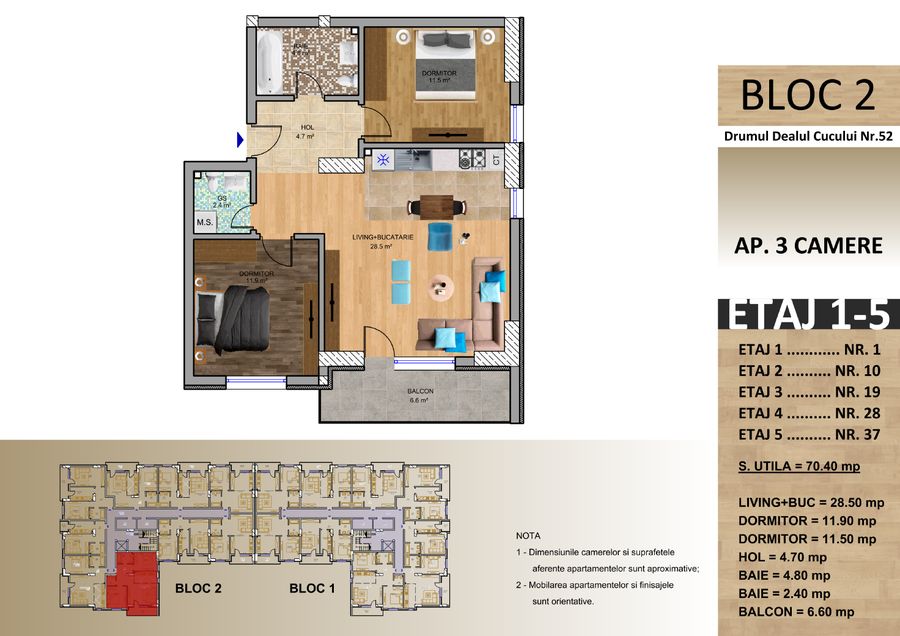 Schița: Apartament cu 3 camere, Bloc 2, 70,40 mp utili, balcon 6,60 mp