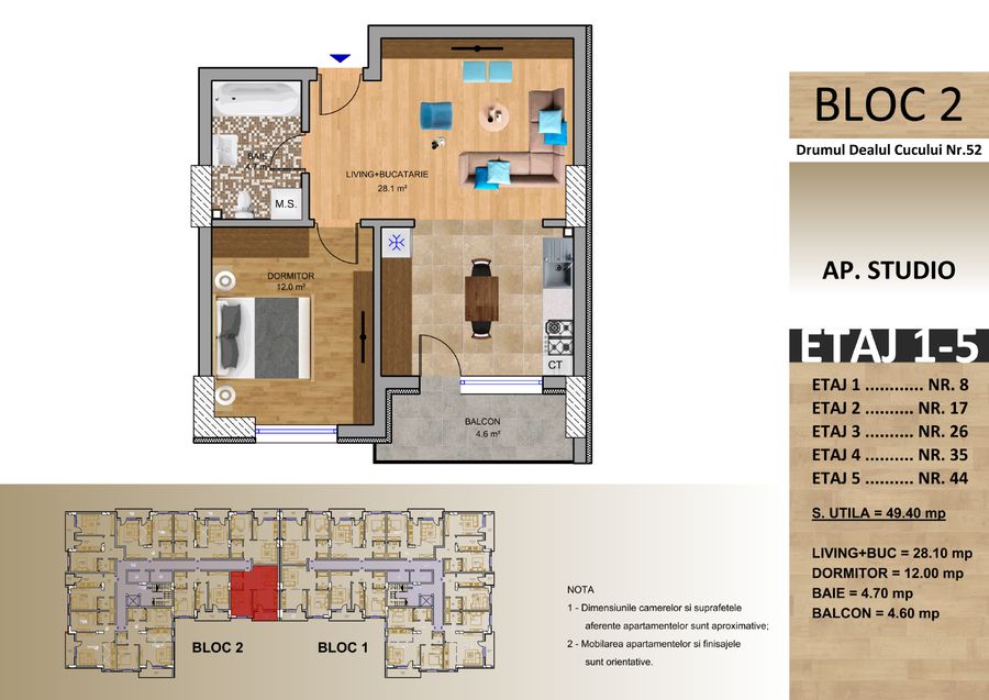 Schița: Apartament tip studio, Bloc 2, 49,40 mp utili, balcon 4,60 mp