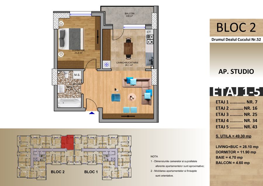 Schița: Apartament tip studio, Bloc 2, 49,30 mp utili, balcon 4,60 mp