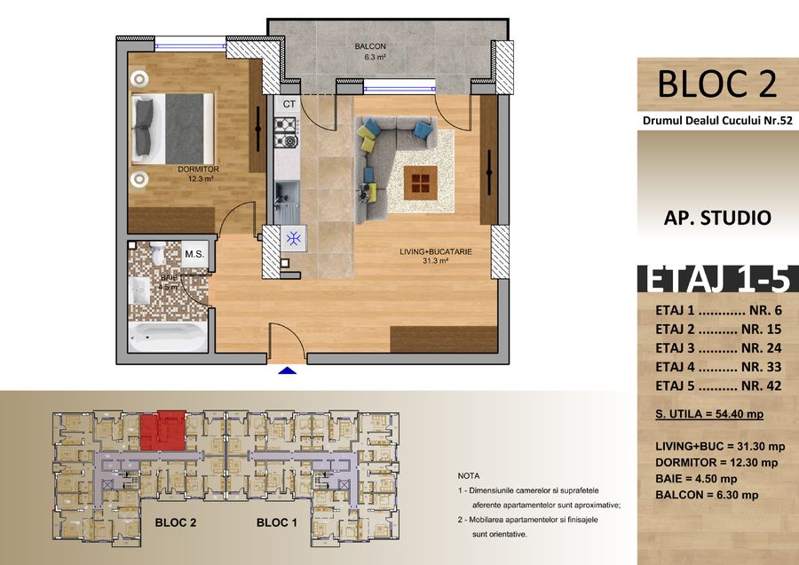 Schița: Apartament tip studio, Bloc 2, 54,40 mp utili, balcon 6,30 mp