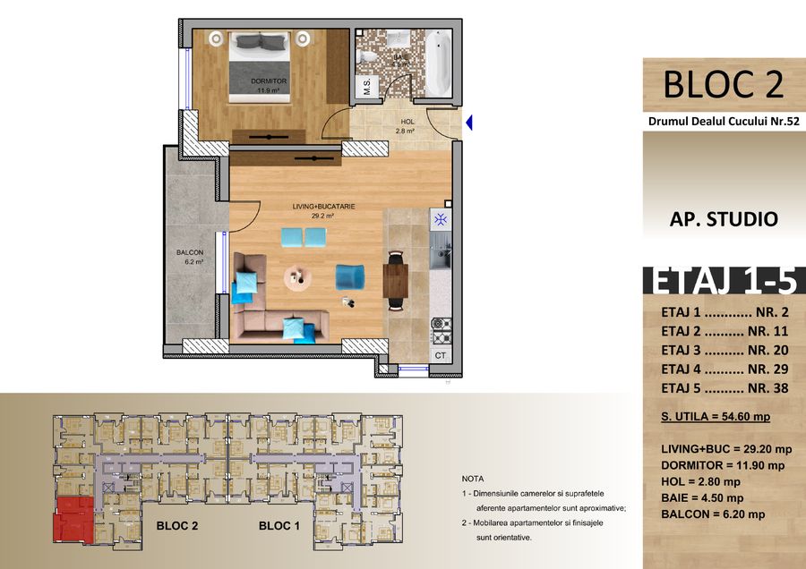 Schița: Apartament tip studio, Bloc 2, 54,60 mp utili, balcon 6,20 mp