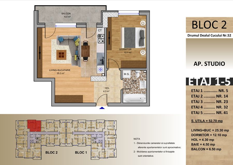 Schița: Apartament tip studio, Bloc 2, 52,70 mp utili, balcon 6,50 mp
